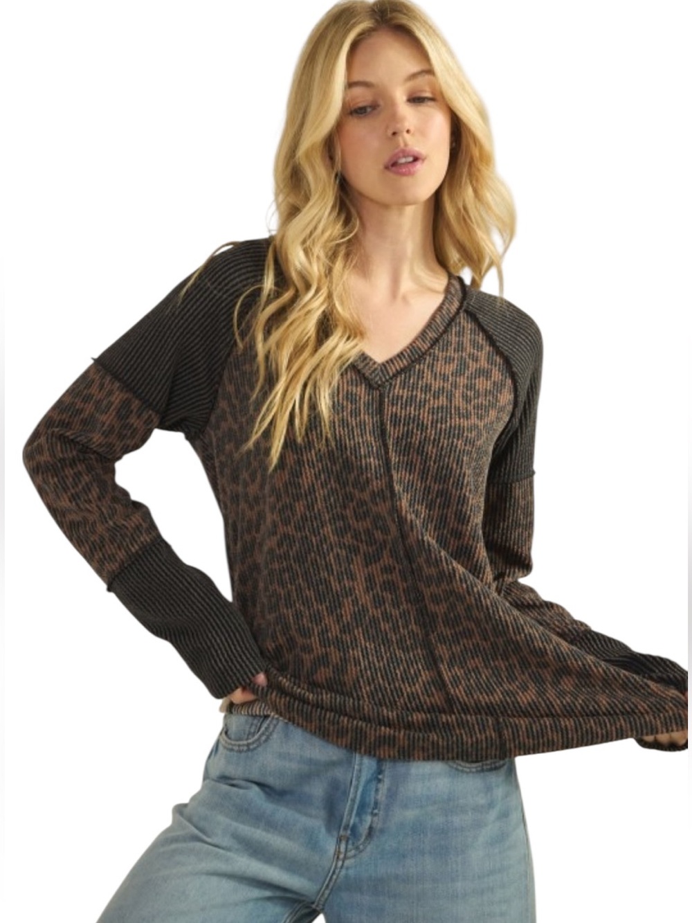 Heimish Coco Animal Print V- Neck Ribbed Long Sleeve Top